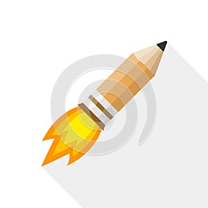 Rocket pencil with fire. Vector illustration.