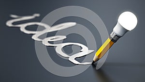 Pencil with atached lightbulb on black background. 3D illustration