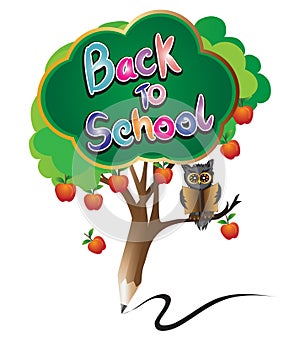 Pencil back to school education by green apple tree and owl.