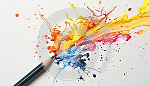 A pencil is being splattered with colorful paint. Generative AI