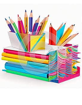 Pencil box and colorful stationeries photo