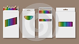 Pencil cardboard. Realistic boxes for colored pencils stationery packages decent vector templates collection of cases