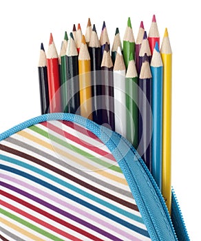 Pencil Case with Colorful Pencils Close Up