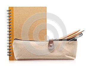 Pencil case with Notebook Isolated on white background with clipping path included