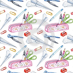 Pencil case pattern and paper airplane watercolor