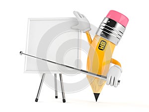 Pencil character with blank whiteboard