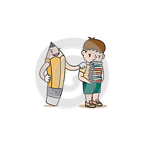 The pencil character encourage the boy that carry on many homework books illustration vector on white background. Education and