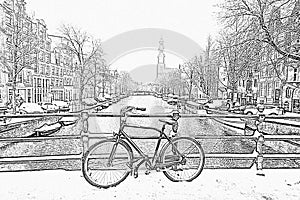 Pencil drawing from Amsterdam covered with snow with the Westerkerk in winter in the Netherlands