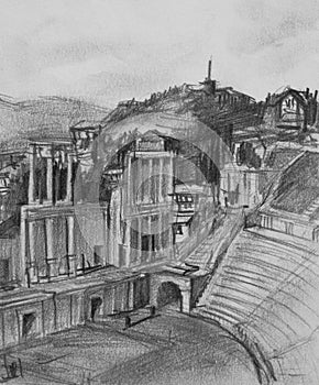 Pencil Drawing of Antique Theatre in Plovdiv