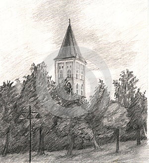 Pencil drawing of Bell tower of the Church of the virgin Mary in Lappeenranta