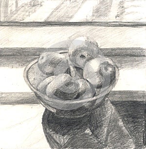 Pencil drawing of bowl with apples