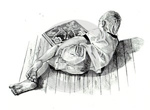 Pencil Drawing of Boy Reading Book