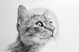 Pencil drawing cat on paper, realistic portrait of cute pet, illustration. Painted animal face isolated on white background.