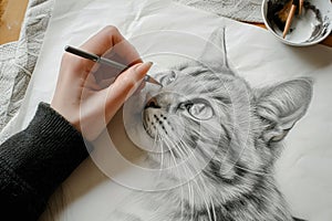 Pencil drawing cat on paper sheet and hand of artist, photorealistic face of cute pet, illustration. Painted animal portrait on