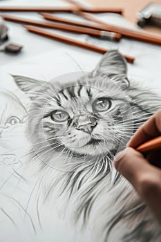 Pencil drawing cat on paper sheet and hand of artist, photorealistic face of cute pet, illustration. Painted animal portrait on