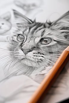 Pencil drawing cat on paper sheet, photorealistic portrait of pet, illustration. Painted animal face on white background. Concept