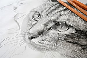 Pencil drawing cat on paper on table, hyper realistic face of cute pet, illustration. Painted animal portrait on white background