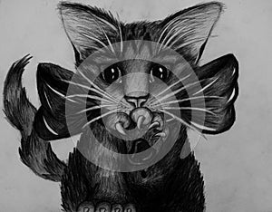 Dibujo a lápiz de detallado de retrato gatito sobre el gris pequeno gato en blanco y negro 