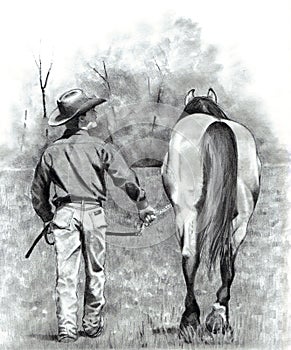 Pencil Drawing of Cowboy Leading Horse
