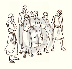 Pencil drawing. The crowd of ancient men