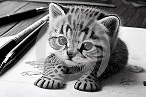 Pencil drawing of cute kitten