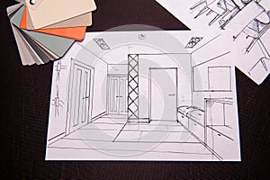 Pencil drawing design idea of room design interior sketches, bedroom, living room, kitchen.