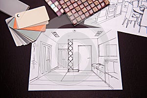 Pencil drawing design idea of room design interior sketches, bedroom, living room, kitchen.