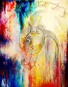 Pencil drawing dragon and Color Abstract background.