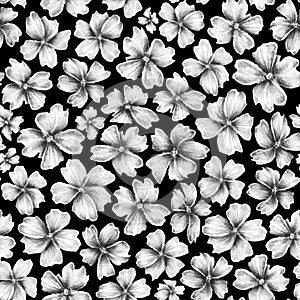 Pencil drawing floral seamless pattern. Many different size silver  abstract flowers on black background. Vintage gray colored