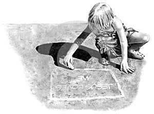 Pencil Drawing of Girl Writing on Pavement