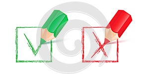 Pencil drawing Green tick and Red cross isolated on white background