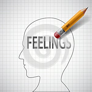 Pencil drawing in human head the word feeling. Stock illu
