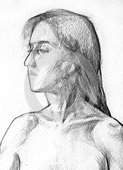 Pencil drawing illustration, female nudity portrait