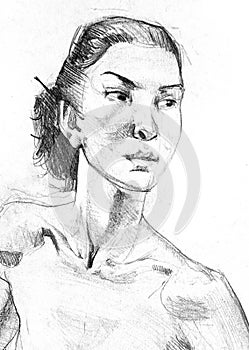 Pencil drawing illustration, female nudity portrait photo