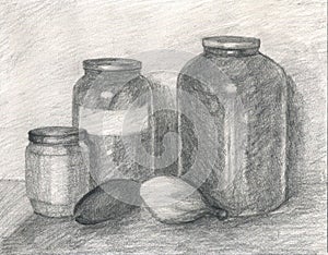 Pencil drawing of jars with homemade pickles