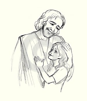 Pencil drawing. Jesus hugging a child