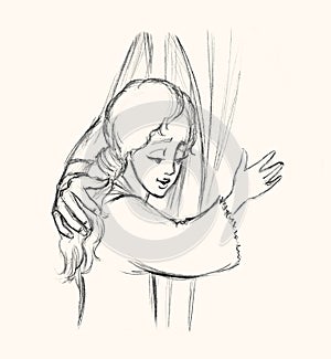 Pencil drawing. Jesus hugging a child