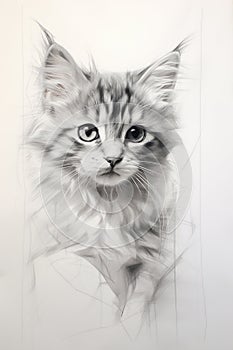 Pencil drawing kitten on paper, photorealistic portrait of cute pet, vertical illustration. Painted cat face on white background.