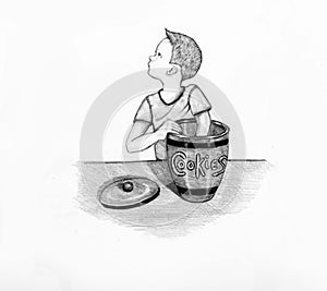 Little Boy Stealing Cookies with Hand in Jar Pencil Drawing photo