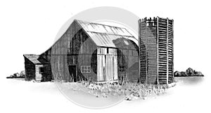 Pencil Drawing of Old Barn and Silo