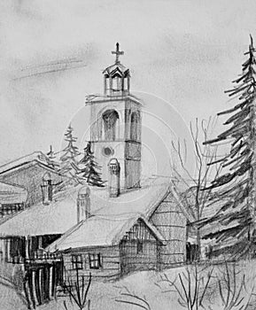 Pencil Drawing of Old Church in Bansko