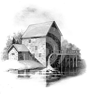 Pencil Drawing of Old Stone Mill