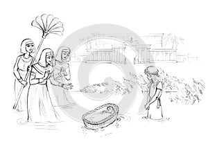 Pencil drawing. Pharaoh`s daughter found Moses in a basket