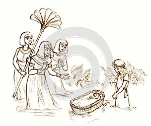 Pencil drawing. Pharaoh\'s daughter found Moses in a basket