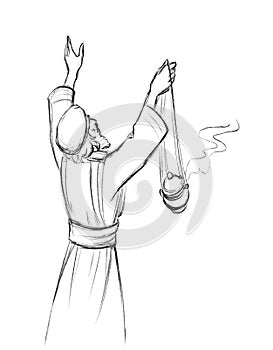 Pencil drawing. The priest lifts up the incense before God