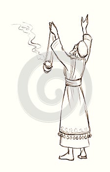 Pencil drawing. The priest lifts up the incense before God