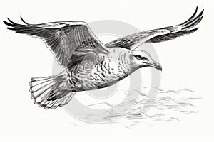 pencil drawing of a seagul during flight over some ocean waves photo