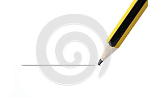 Pencil drawing a straight line, isolated on white background
