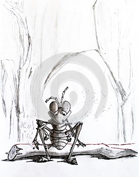 Pencil drawing. A tired ant sat on a log and smokes. Senseless life.