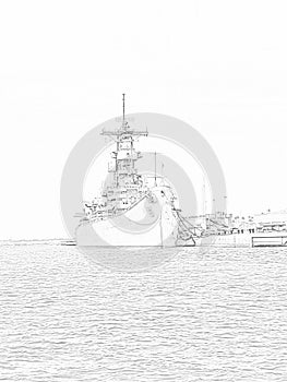 Pencil drawing of the USS Missouri Battleship in moored at Pearl Harbor Hawaii